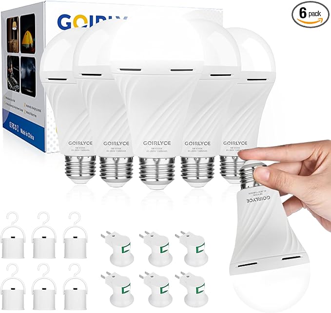 Rechargeable Emergency Light Bulbs, 6 Pack Battery Powered LED Light Bulb with 9W Daylight E27 6500K 1800mAh, Equivalent Self-Charging LED Light Bulbs for Home Power Outage Camping Hurricane Hiking