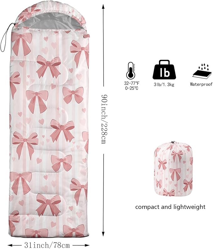 Pink Bow Sleeping Bag,Girly Princess Bowknot Camping Bag for Girls Kids,Pink and White Striped Lightweight Warm Portable Outdoor Indoor-Waterproof Cold Weather Resistant for Camping Hiking