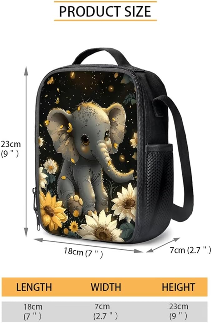 Lovely Elephant Sunflower School Backpack Set of 3, Kids Travel Bookbag Hiking Backpack Diaper Bag Insulated Lunch Bag Handbags Pencil Pouch Pen Bag for Purse Fountain Pens, Black Gray
