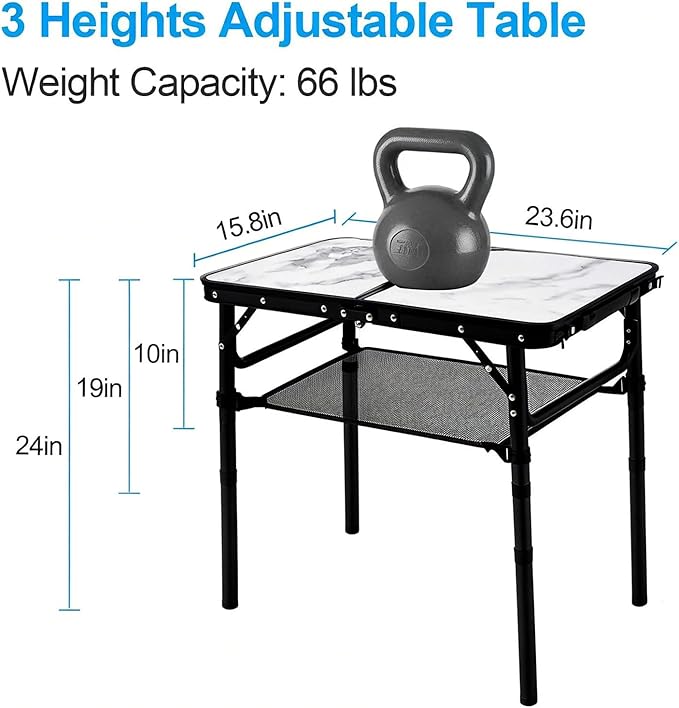 Small Folding Camping Table, 2ft Portable Table with 3 Adjustable Heights, Aluminum Lightweight Foldable Picnic Table with Mesh Layer and Extension Legs for RV, Camp and Indoor (Black Frame)