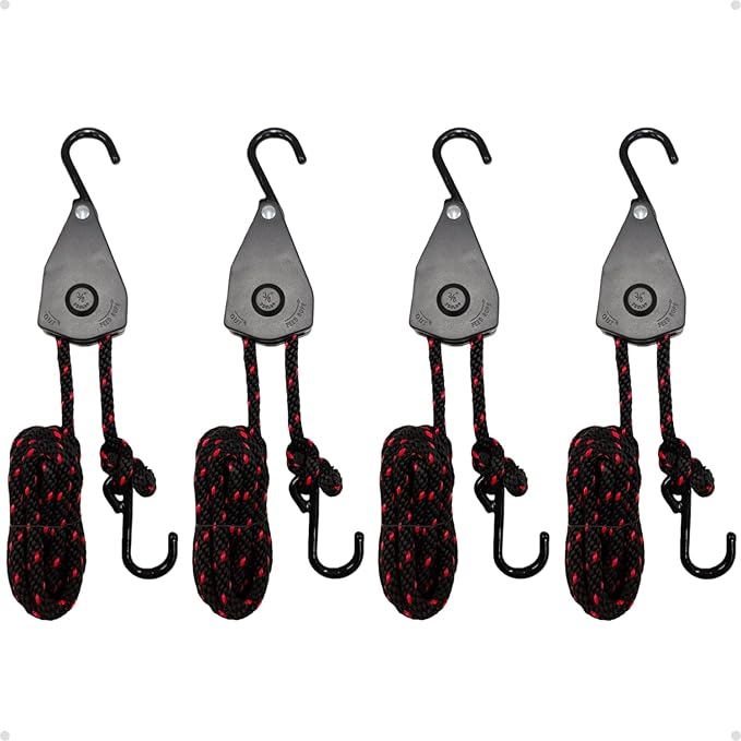 3/8" Retractable Tie Down Rope: 4 Pack of Adjustable Ratchet Hangers - Durable Bushcraft Gear and Hunting Essentials