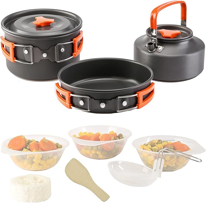 9 Pcs Camping Cookware Set Outdoor Non-Stick Cooking Backpacking Pots Teapots Bowls Set Mess Kit Hiking Picnic Tableware Equipment