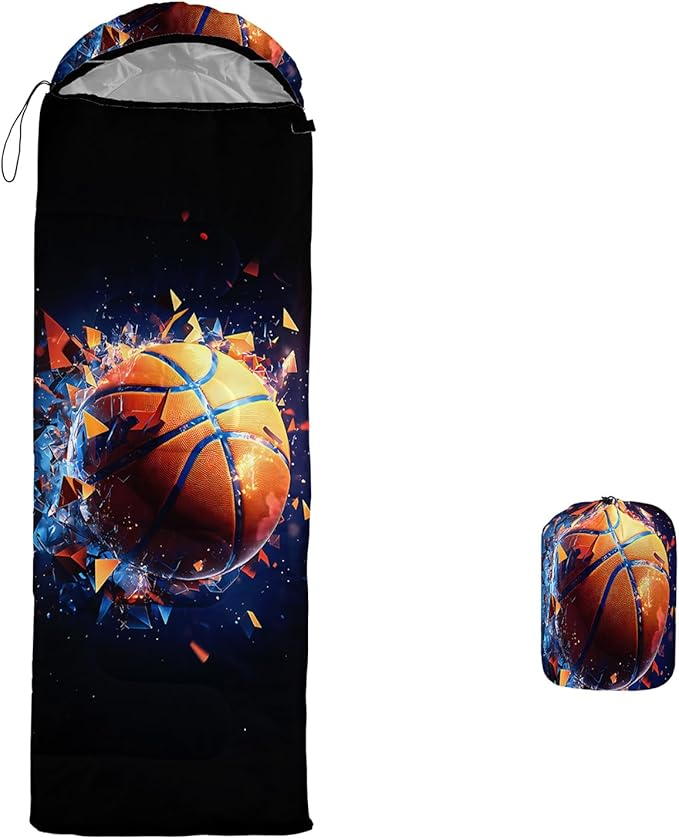AILONEN Sports Basketball Sleeping Bag for Kids Boys,Warm and Cool Weather,Lightweight,Waterproof Backpacking,3D Galaxy Ball Print Sleeping Bag for Camping