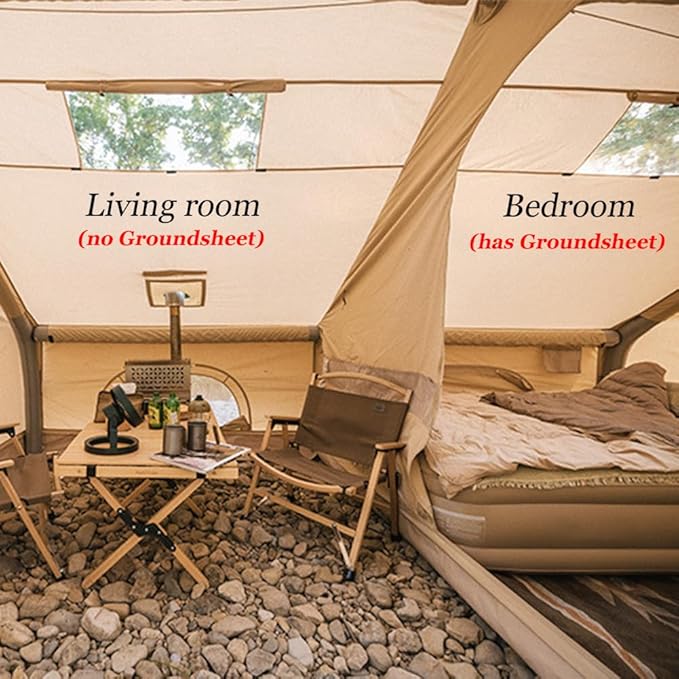 Large Luxury Inflatable Camping Tent Cotton Canvas Tent, Breathable and Waterproof Air Tent with Skylight and Stove Jack Hole for for 4-6-8-10 Person Family Camping