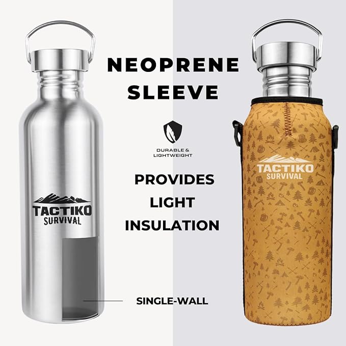 Tactiko Survival 34 oz/1000 ml Stainless Steel Wide Mouth Water Bottle, Single Wall Boil-Safe, Leakproof, BPA-Free with Carry Sleeve and Strap for Camping, Hiking, Outdoor Prep (Tan)