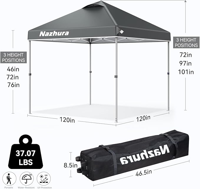 Nazhura 10' x 10' Pop Up Canopy Tent with Sand Weight Bag, Awing for Patio, Freestanding Sun Shelter for Picnic and Camping, One Person Setup, White (Grey)