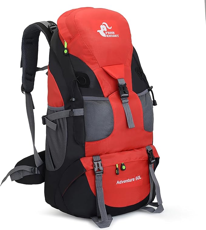 Bseash 50L Hiking Backpack, Water Resistant Lightweight Outdoor Sport Daypack Travel Bag for Camping Climbing Skiing Cycling (Red - No Shoe Compartment)
