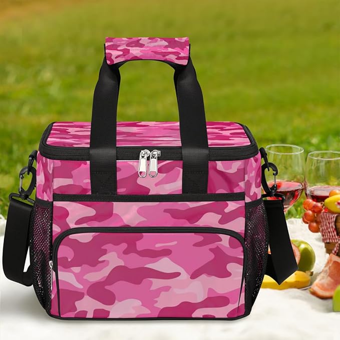 Leakproof Reusable Insulated Cooler Lunch Bag Pink Camouflage Camo Picnic Lunch Box for Women Men Cooler Tote Office Work Camping Beach 24 Can 15L