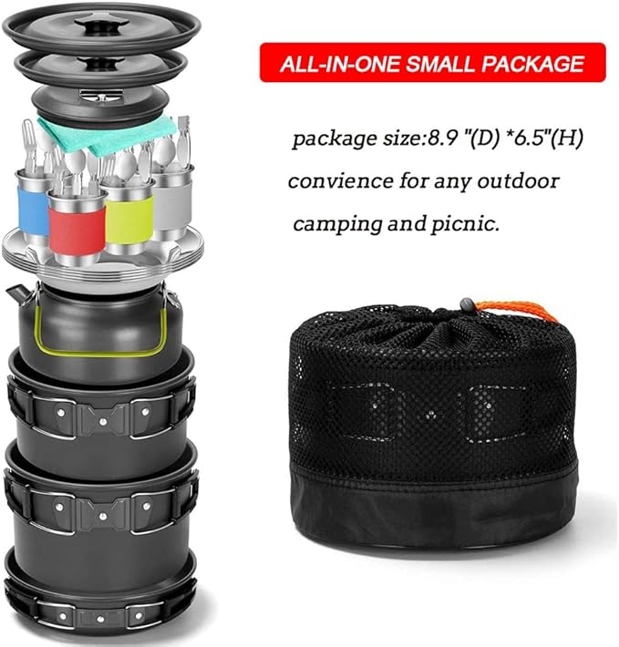 Camping Tableware Set 4 Person Outdoor Picnic Cooking Supplies with Bucket Bowl Pans Fold Knife Fork Cookware 29PCS Kit