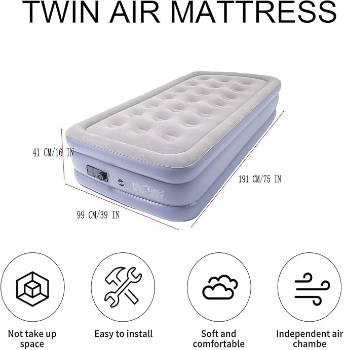 Twin Air Mattress Bed with Built in Pump,16 Inches High Airbed Inflatable Mattress,Comfort Thickened Blow Up Air Bed,Travel Sleeping Pad for Guests Home (Twin Size)