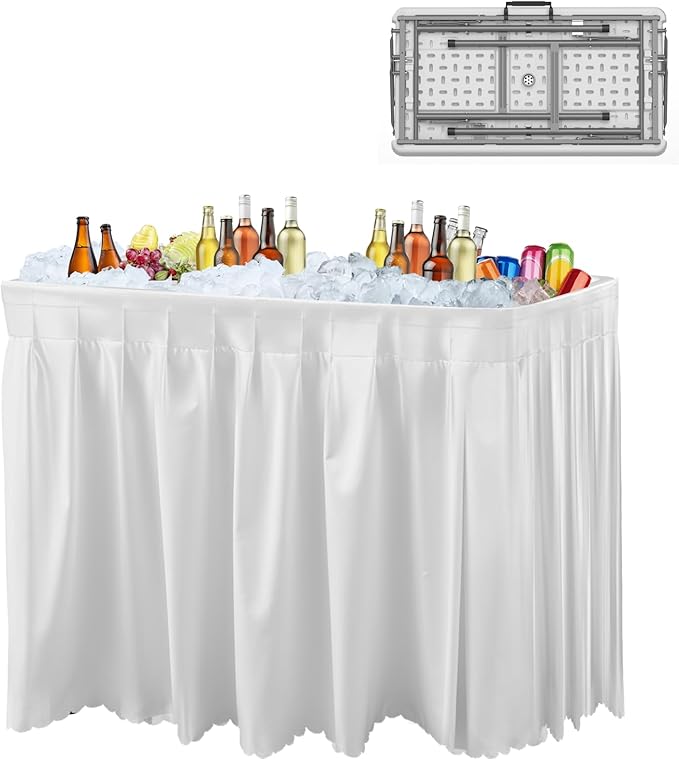 4 Foot Ice Cooler Table, Folding Tailgate Camp Fishing Cleaning with Matching Skirt & Drain Hose, Plastic Ice Table for Party, BBQ, Camping, Picnic, Barbecues to Keep Drinks Cool, White