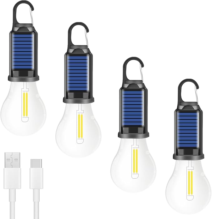 Solar Light Bulb for Outdoor, Portable Waterproof Tent Lights with Clip Hook, Rechargeable Outdoor Solar Light for Camping, Backpacking, Emergency, 4 Pack