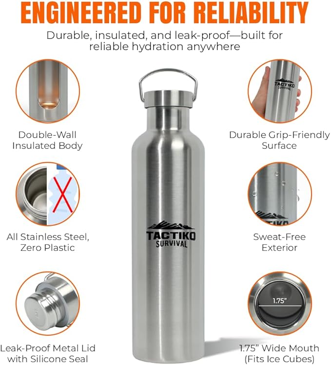 Tactiko Survival 1000ml / 34 oz Insulated Stainless Steel Wide Mouth Water Bottle, Double Wall Insulation - Leakproof, BPA-Free with Cleaning Brush for Camping, Hiking, Outdoor Prep