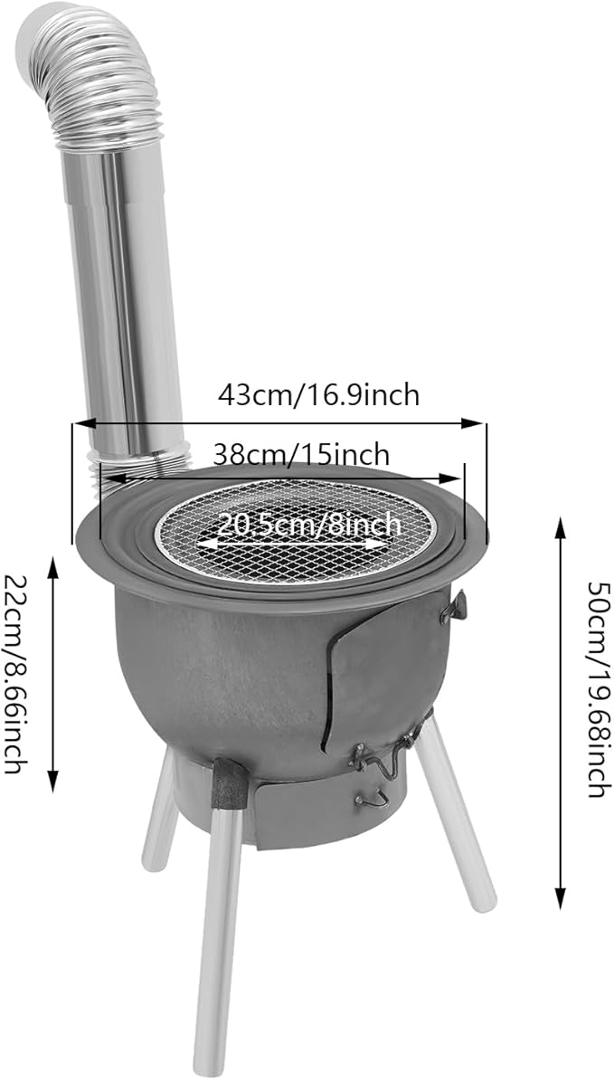 Wood Burning Stove with Grill Rack, Portable Camping Rocket Stove Chimney Charcoal Grill & 3 stove rings, for Outdoor Backyard Cooking, Picnic and Barbecue (Silver+Grey, 16.9 in)