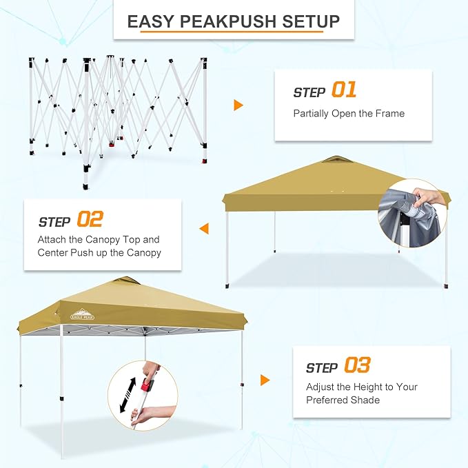 EAGLE PEAK Pop Up Canopy Tent with Wheeled Carry Bag, 8 Stakes, 4 Ropes, 4 Weight Bags, Easy Set Up Tent Canopy, 12x12 ft, 144sqft of Shade, Beige