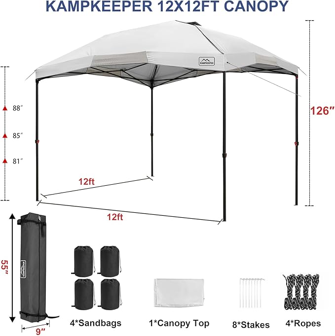 KAMPKEEPER 12x12 Pop Up Canopy Tent,Heavy Duty Outdoor Sun Shade for Events,Camping,Parties - Polygonal Patio Gazebo with Wheeled Bag,4 sandbags(White)