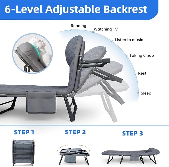 6 Angle Adjustable Folding Cot Bed Chaise Lounge Chair Heavy Duty Portable with Mattress and Pillow for Camping Office Nap Patio Indoor Home Comfortable Lay Flat Reclining Foldable(78IN)