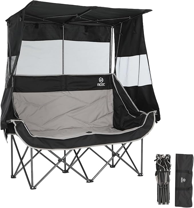 Nice C Double Camping Chair with Canopy, Portable Shade Sports Chair, Umbrella Chairs Camping Couch, Folding Outdoor Loveseat with Cooler Bag, Cup Holders, For Beach, Lawn, Sports, Picnic (Black&Gray)