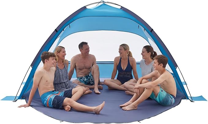 VEVOR Beach Tent Sun Shelter for 6 Person, UPF 50+ Protection, Portable Sun Shade Beach with Carrying Bag & Sand Pockets, Lightweight and Easy Setup Beach Umbrella for Camping Fishing Outdoor Picnic