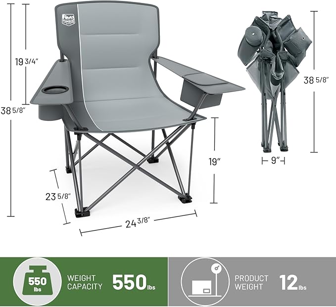 Timber Ridge Oversized Folding Camping Chair for Adults, Support 550 LBS Heavy Duty Chairs with Cup Holder Side Pocket for Camping, Lawn, Picnic, 2 Pack(Grey)