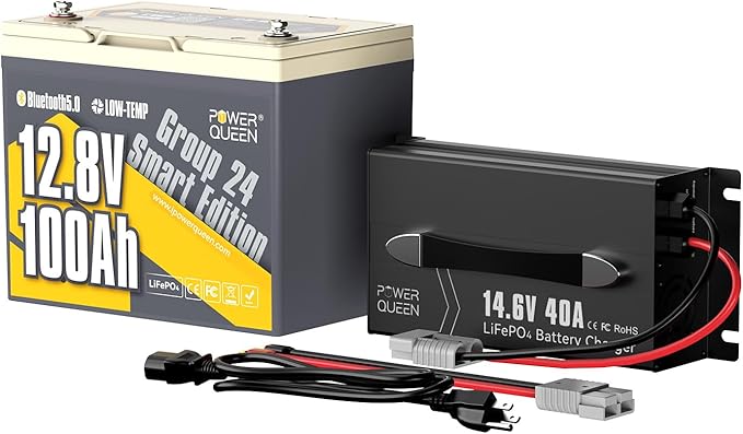 Power Queen Bluetooth 12V 100Ah LiFePO4 Battery with 14.6V40A LiFePO4 Battery Charger, Group 24 Deep Cycle Battery, 100A BMS with Low-Temp Cut-Off Protection for RV, Trolling Motors, Solar System