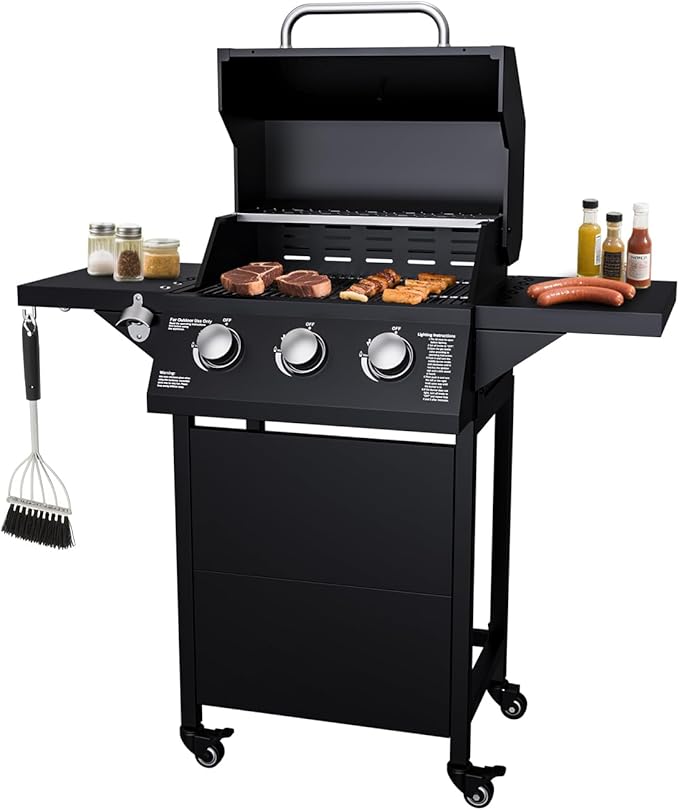 3 Burner Propane Grill, 30,000 BTU Propane Gas Grill with Two Side Tables, Stainless Steel Barbecue Grill, Outdoor Cooking BBQ for Patio, Camping, Backyard