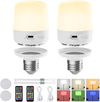Minetom E26 Rechargeable Light Bulbs with Remote and Timer, Battery Backup Bulb with 12 Colors and Brightness Dimmable, 2300mAh 40W Equivalent LED Light Bulbs for Lamps Sconces Camping, 2 Pack