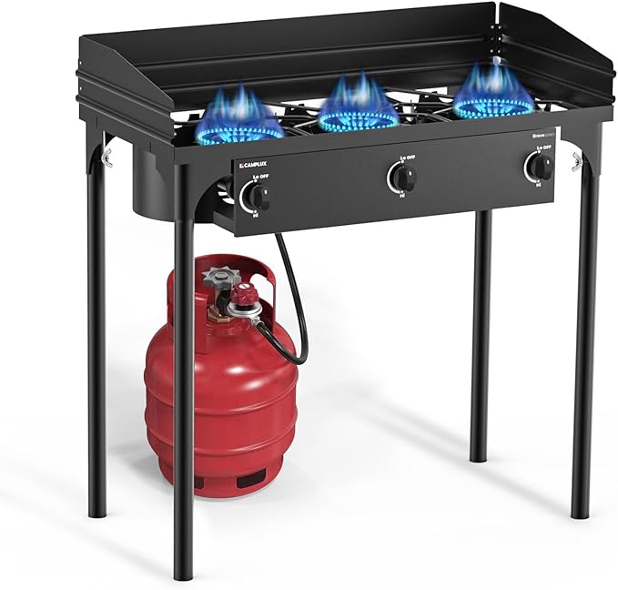 CAMPLUX 3 Burner Camping Stove for Outdoor Cooking, 225,000 BTU Propane Outdoor Stove with Detachable Stand Legs and Windshield, Propane Gas Stove with Adjustable High Pressure Regulator and Hose