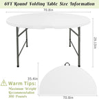 Fivenl 6 FT Round Folding Tables White Foldable Table, Fold-in-Half with Carrying Handle Portable Plastic Table for Party, Dining, Wedding, Camping, Picnic, Indoor Outdoor Events