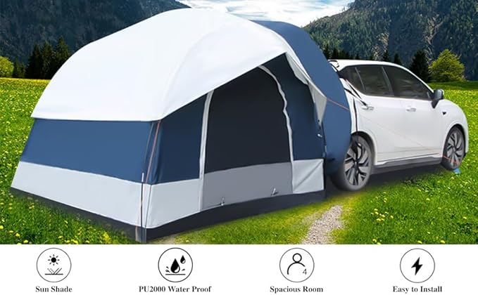 Car/Floor Mounted Tent, Double Door Foldable Car Camping SUV Tents Attachment for Camping Portable SUV Rooftop Tents Vehicle-Mounted Tent for Car with 3 Fixing Straps & Storage Bags (Green)