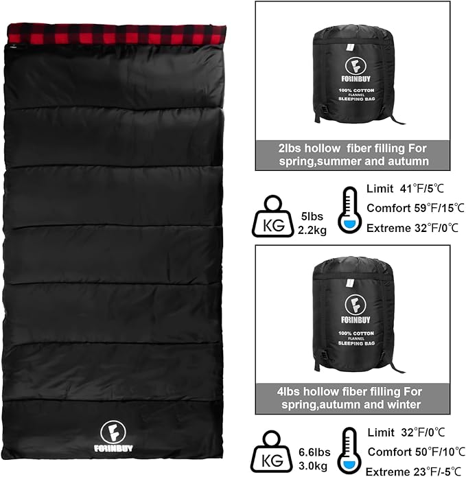 Flannel Sleeping Bag Cold Weather for Adults XL Camping Cotton Sleeping Bag 4 Season Big and Tall, Waterproof with Compression Sack