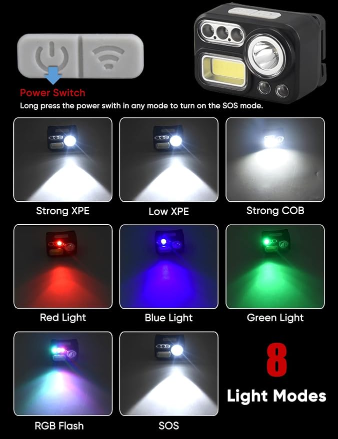 XLENTGEN Headlamp Rechargeable 4 Colors in 1 LED Headlamp 500 Lumens Super Bright Motion Sensor Head Lamp, 2-Pack 8 Modes White Red Blue Green Light Headlight for Camping Fishing Cycling Hunting