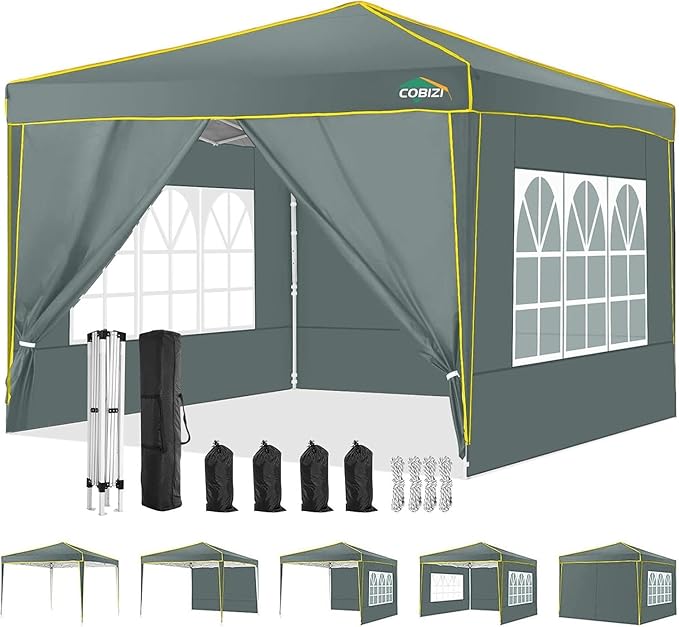COBIZI 10x10 Pop up Canopy Tent Gazebos, Ez up Canopy 10x10 for Parties Beach Camping Party Event Shelter Sun Shade with 4 Sidewalls & Carry Bag 4 Stakes & Ropes & Sandbags, Grey