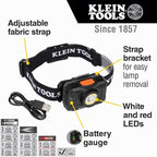 Klein Tools 56414 Rechargeable 2-Color LED Headlamp, Fabric Strap, Spotlight, Floodlight, Red LED, 800 Lumens, USB Cable, Camping, Running