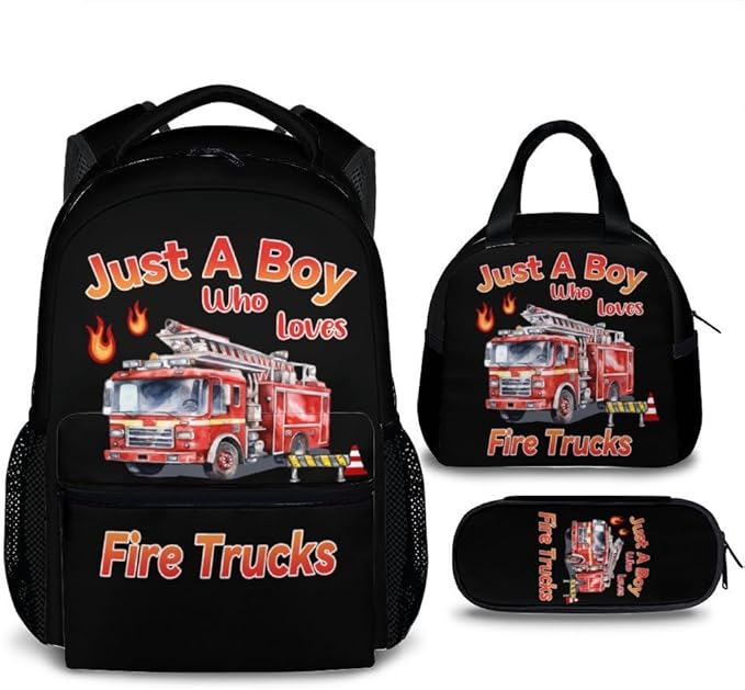 Backpack for Kids Boys, Set of 3 Fire Truck School Backpacks Matching Combo for Children Truck Lovers, Large Capacity Bookbag with Pencil Case Set Bundle for Travel Camp School
