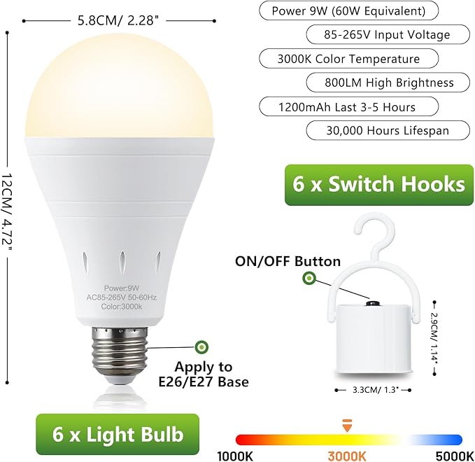 6 Pack Rechargeable Emergency Light Bulbs, Battery Powered LED Light Bulb 3000K Warm E26 120 Volt 9W 60W Equivalent with 1200mAh for Home Power Outage Camping Hurricane