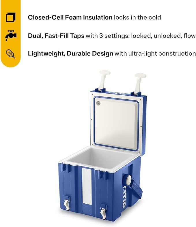 RTIC Halftime Water Cooler 3 Gallon Portable Carrier Container, Drink Beverage Dispenser, Stackable with 2 Taps, Bottleless, BPA-Free, for Sports, Camping, BBQ, Parties, Picnic, Cobalt & White