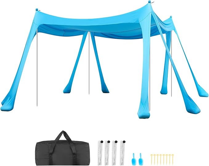 VEVOR Beach Tent Sun Shelter, UPF50+ Sun Protection, 6.6 ft Tall, 10 x 10 ft, Easy Pop Up Beach Canopy with Sandbags, Stability Poles, Sand Shovels, Portable Shade for Family, Camping, Fishing, Blue