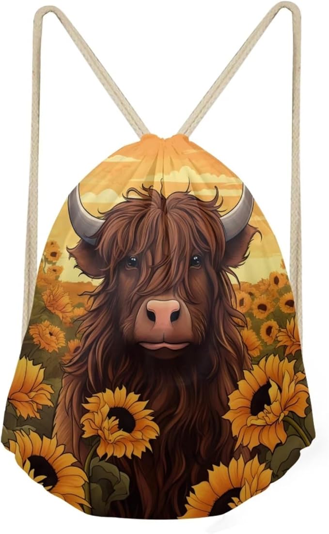 Upetstory Highland Cow Drawstring Backpack Cinch Gym Bags Storage Backpacks Sting Bag Casual Daypack PE Kit Sports Rucksack for Outdoor Hiking Cycling Camping Running
