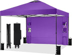 12'x12' Pop Up Canopy Tent with 1 Sidewall and 6 Pockets, One Push Setup, Case, 8 Stakes, 4 Ropes, 4 Sandbags (Purple, 12x12)
