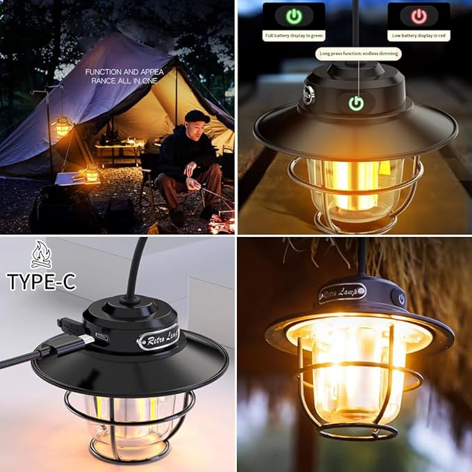 LED Rechargeable Outdoor Camping Light, Mini Portable Tent Emergency Light， New Horse Lamp 4-Speed Mode White and Warm Light, Amber and Warm White Light.