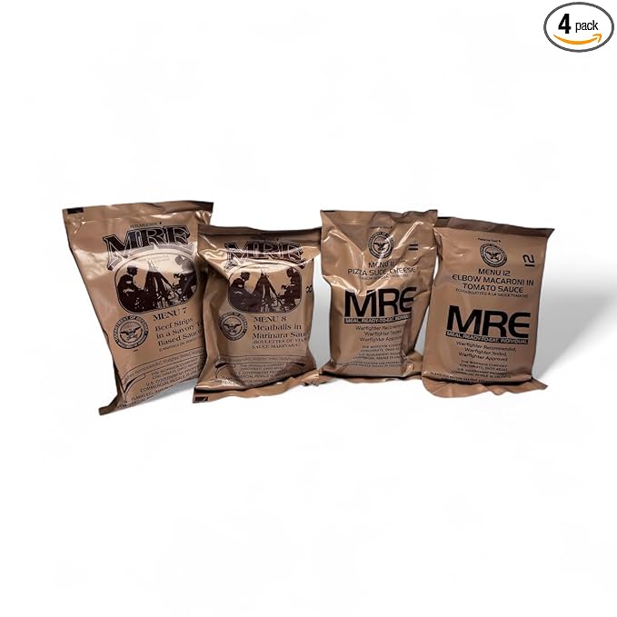 Meals Ready to Eat MRE 4 Pack Variety | Shelf-Stable Emergency Food Supply | Long-Term Survival Rations for Camping, Hiking & Disaster Preparedness