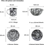 Enamelware Starter Set, 16 piece, Black/White Splatter