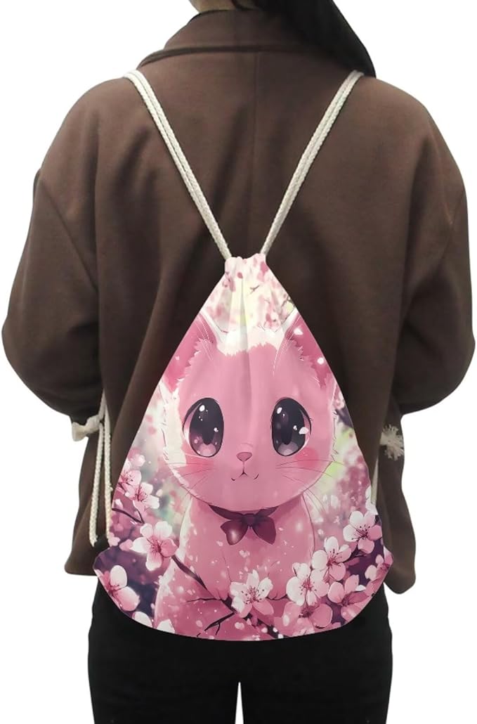 Upetstory Cherry Blossom Cat Drawstring Backpack Gym Sackpack Foldable Draw String Bag Lightweight Travel Storage Pouch Sports Gymsac PE Kit Bags for Outdoor Hiking Cycling Running Beach