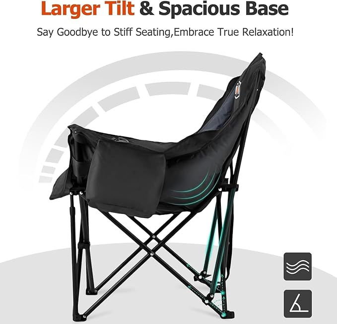 Overmont Oversized XL Camping Chair for Adults - 400lbs Support Heavy-Duty Padded Folding Chair with Side Pocket Cup Holder Cooling Bag for Outdoor Sports Garden Beach Fishing Lawn Black 2pcs