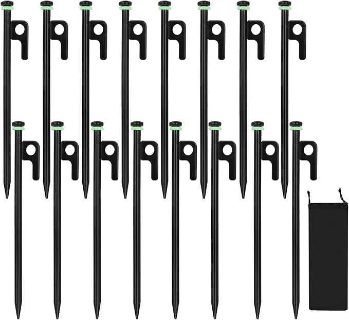 16Pcs Tent Stakes, 8in Heavy Duty Tent Stakes with Storage Pouch, Dia 0.35" Forged Steel Stakes for Tent Used on Rocks, Grassland, Snowfield(16Pcs 8in Stakes)