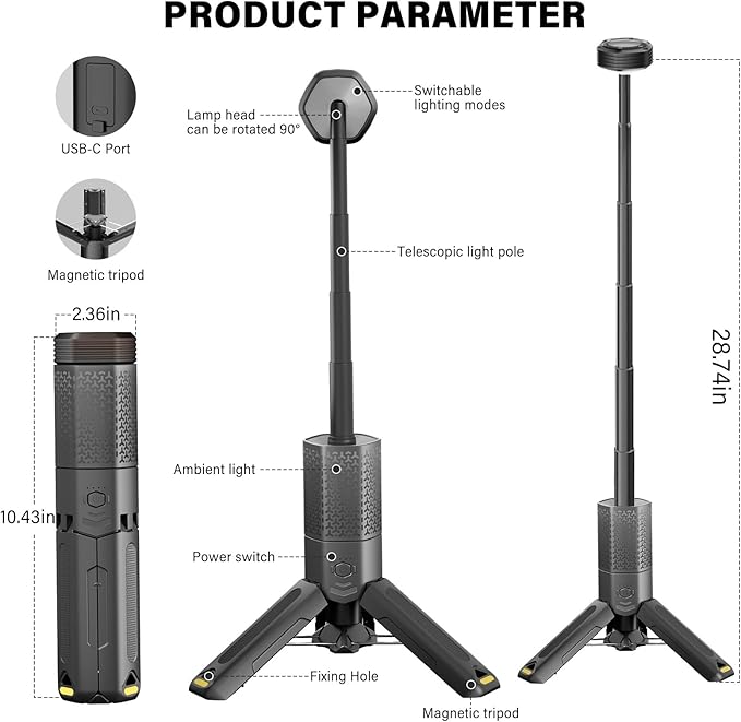 Telescopic Camping Light - 10500mAh Rechargeable Camping Lantern with Storage Bag, Dimmable Magnetic Tent Lamp, Waterproof Camp Light Outdoor Work Emergency Lights for Home Power Outage, Hiking -Gray