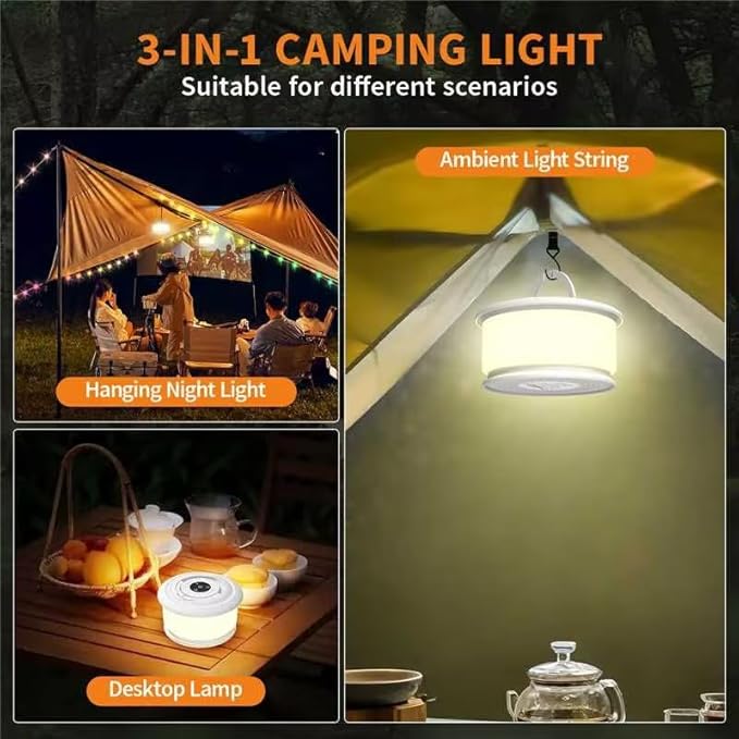 Camping String Lights, 3 in 1 Upgraded Retractable RGB Outdoor String Lights with 19 Lighting Modes, Quick 30s Recovery, 32.8 FT Portable Tent Lights, Rechargeable Camping Lantern (White)