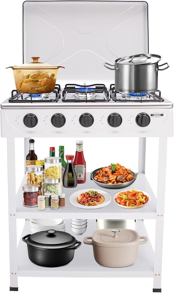 5 Burners Natural Gas Stoves, Portable Outdoor Stove with 2 Tier Storage Rack, 2.5kw Free Standing Grill Dual Natural Gas Cooker for Camping Picnic Home RV Cooking (White)