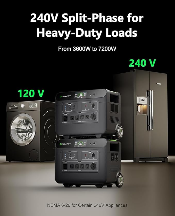 GROWATT HELIOS 3600 Portable Power Station and BP3600 Expansion Battery,7372Wh LiFePO4 Batteries 120V/240V 3600W AC Outpu Solar Generator for Home Backup, RVs, Power Outages, and Outdoor Camping